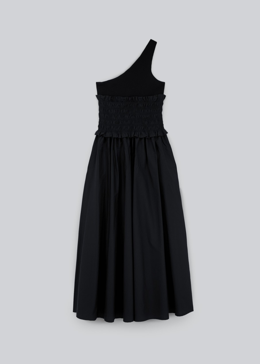 Madame ESTHÉ | Robe Midi Froncee Contrastee A Une Epaule Noir - Esthe