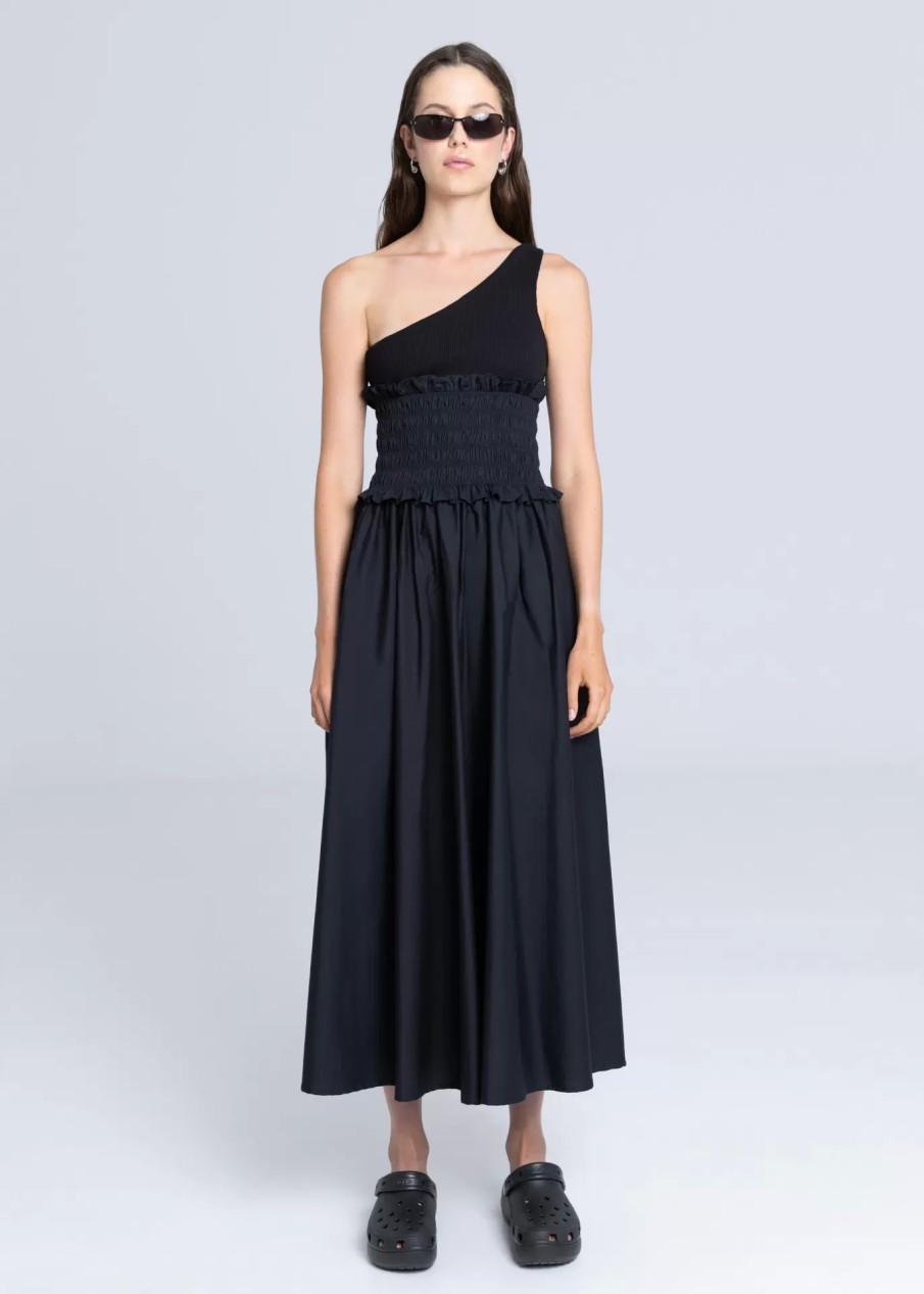 Madame ESTHÉ | Robe Midi Froncee Contrastee A Une Epaule Noir - Esthe