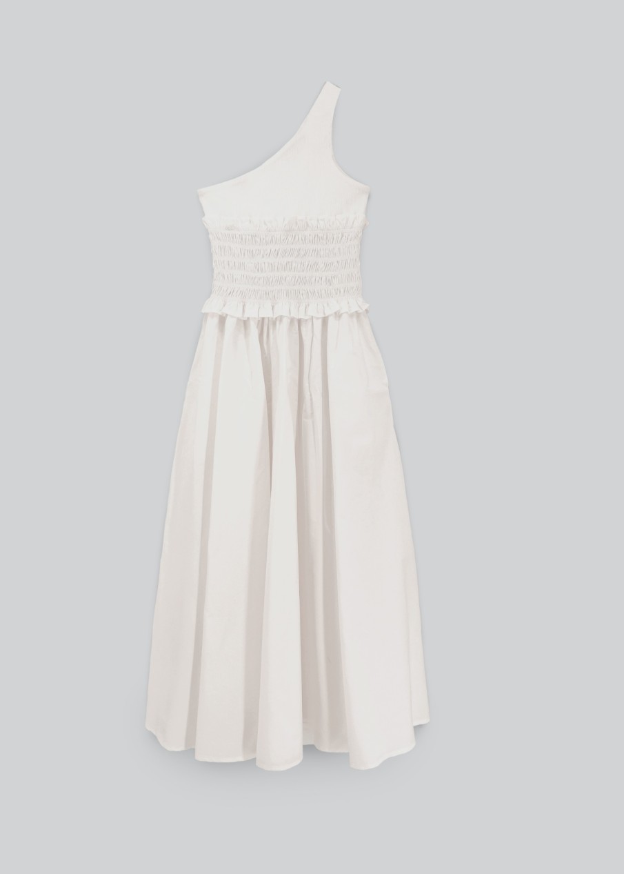 Madame ESTHÉ | Robe Midi Asymetrique Froncee Contrastee Blanc - Esthe