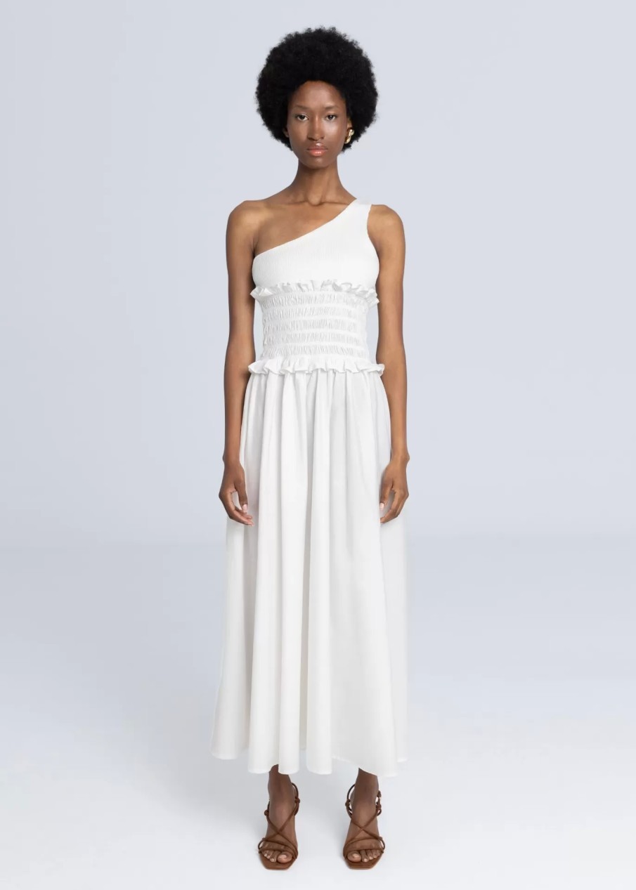 Madame ESTHÉ | Robe Midi Asymetrique Froncee Contrastee Blanc - Esthe